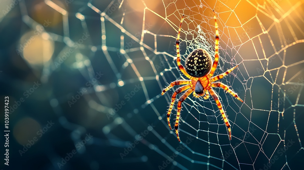 A close-up of a spider on its intricate web, illuminated by soft light. A close-up of a spider on its intricate web, illuminated by soft light.