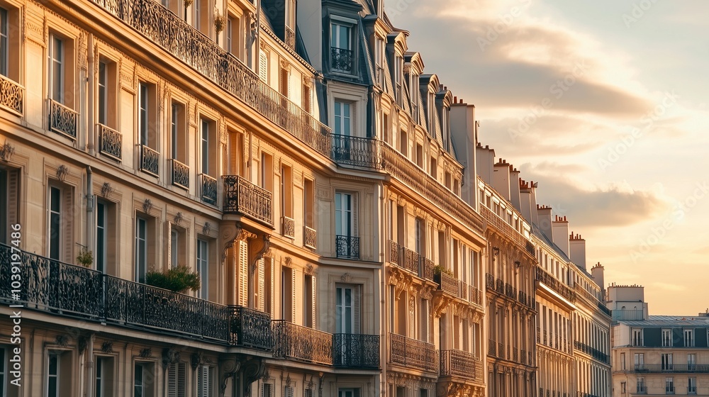 Elegant Parisian Haussmann-style apartment buildings with wrought iron balconies Elegant Parisian Haussmann-style apartment buildings with wrought iron balconies