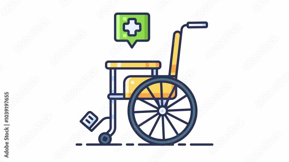 Animated wheelchair with a health related icon above it, symbolizing accessibility and care. Animated wheelchair with a health related icon above it, symbolizing accessibility and care.