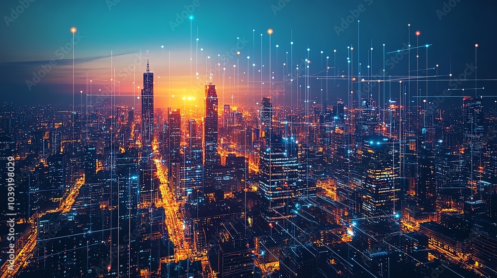 Fototapeta premium Futuristic city skyline with digital elements and sunset.