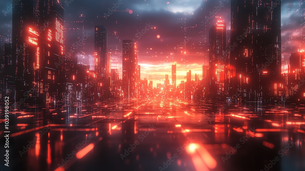 Obraz premium Futuristic cityscape with glowing skyscrapers at sunset.