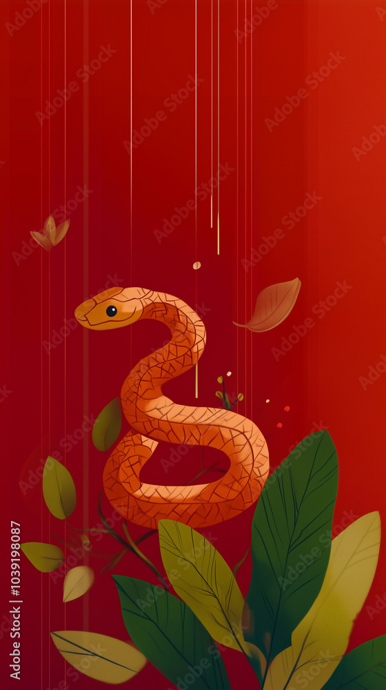 Obraz premium Joyfully Welcoming luner new Year event, for snake year celebration, fully embodying the theme of a red and gold cute snake, red banner, new year poster