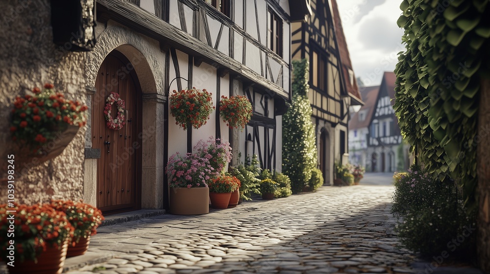 Traditional German half-timbered house in a small village, with a cobblestone path leading to the door Traditional German half-timbered house in a small village, with a cobblestone path leading to the door