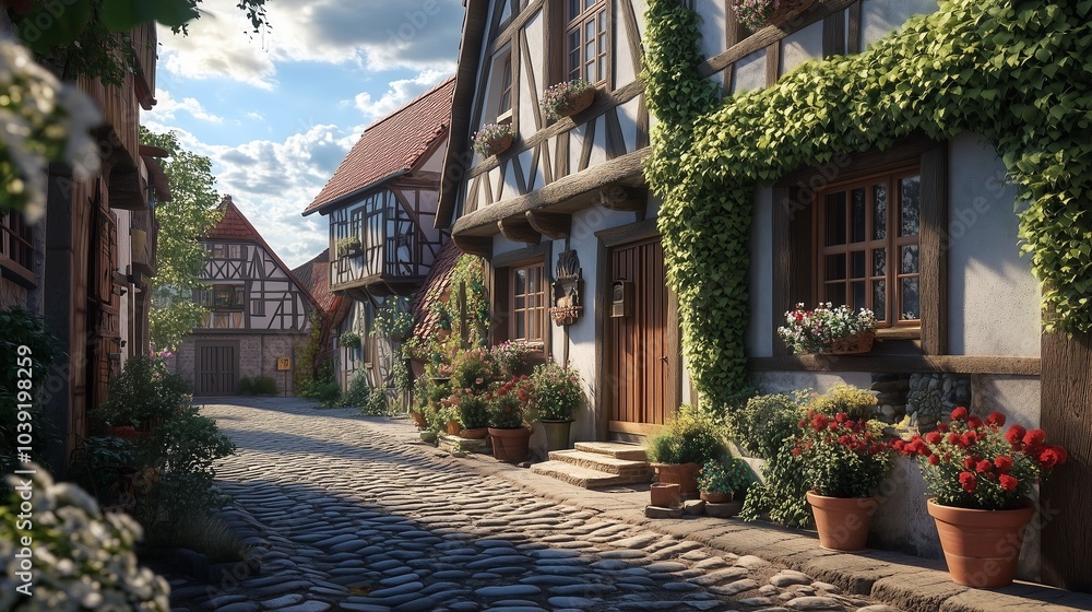 Traditional German half-timbered house in a small village, with a cobblestone path leading to the door Traditional German half-timbered house in a small village, with a cobblestone path leading to the door