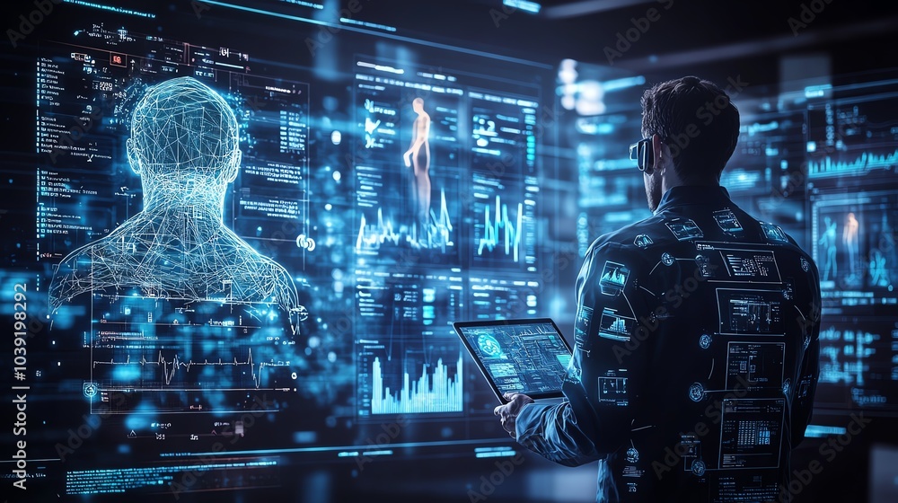 Person interacting with digital data interface, modern technology. Person interacting with digital data interface, modern technology.