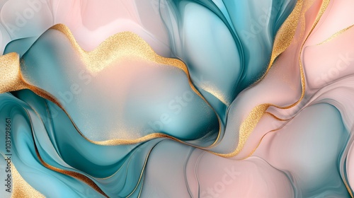 Abstract blue and pink background with gold glitter.