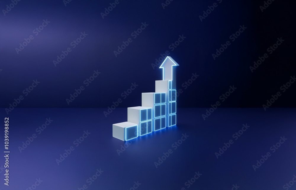 Fototapeta premium A white 3D bar graph with blue neon edges ascends on a blue background with an arrow at the top.