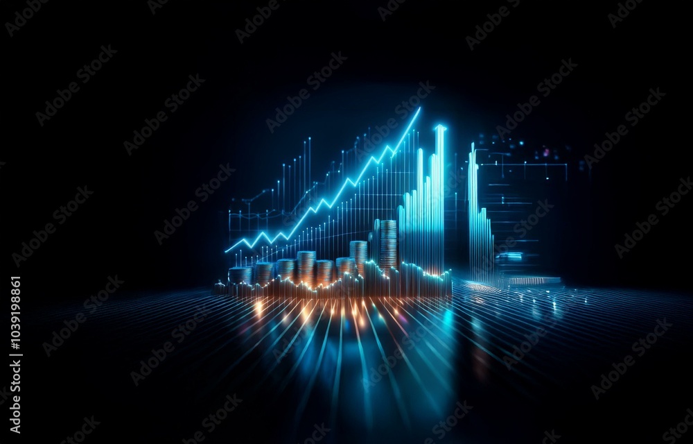 Naklejka premium Stacks of coins glow brightly against a dark background as a neon blue line graph points upwards.