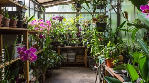 Wallpaper Mural A carefully organized home greenhouse and orchid cultivation room, Rare orchids and gardening tools amid lush greenery, Botanical enthusiast style Torontodigital.ca