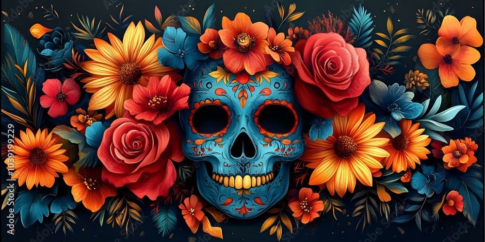 a skull with flowers and leaves
a skull with flowers and leaves