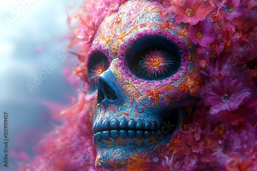 a skull with flowers in the hair

 photo