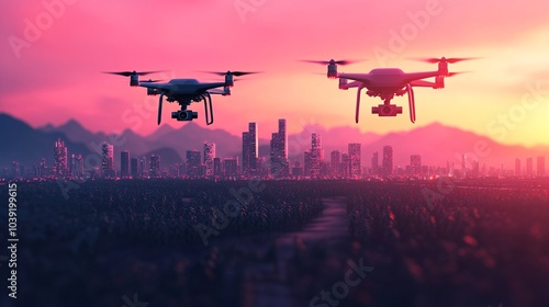 Exploring the future of aerial surveillance drones capturing urban landscapes at sunset across modern cities