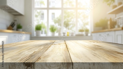 Wooden Tabletop in Bright Kitchen with Window