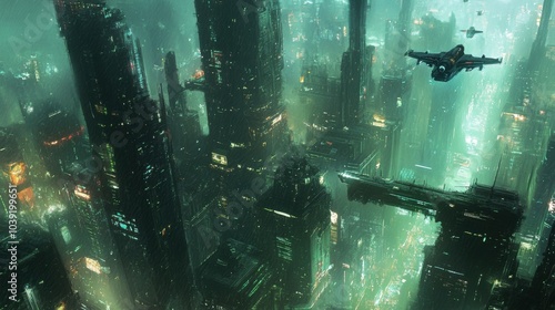 Futuristic Cityscape with Flying Vehicles, Cyberpunk Art