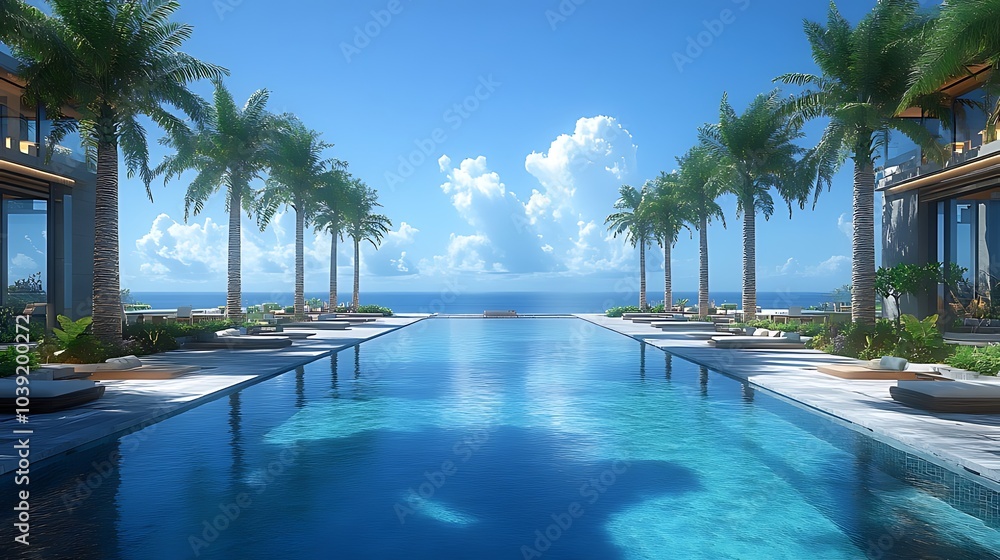 Obraz premium A luxurious infinity pool with palm trees and ocean views.