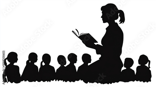 教科書を持つ女性教師と授業を聞く子供たち