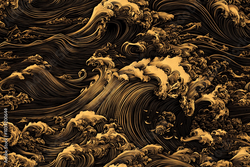 A painting of a wave with a dark background. The painting has a mood of calmness and serenity