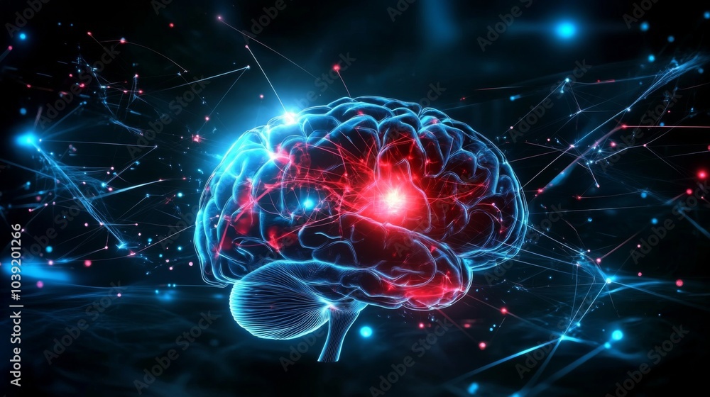 Digital illustration human brain center surrounded by Exploring the Cognitive Effects Digital illustration human brain center surrounded by Exploring the Cognitive Effects