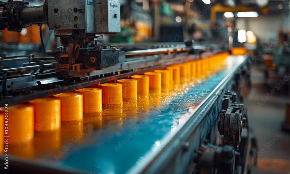 Industrial production line with orange containers on a conveyor belt. Industrial production line with orange containers on a conveyor belt.