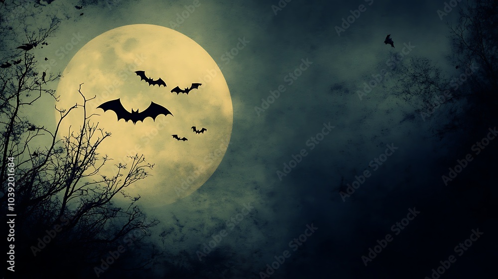 A spooky night scene with a full moon and bats flying through a misty, dark sky. A spooky night scene with a full moon and bats flying through a misty, dark sky.