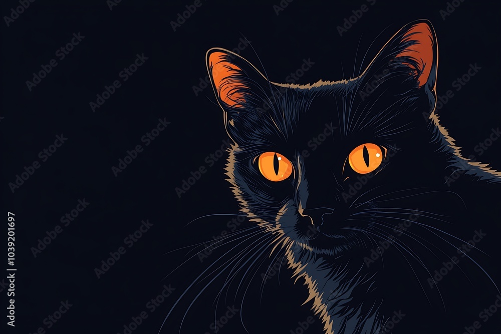 A stylized illustration of a black cat with striking orange eyes against a dark background. A stylized illustration of a black cat with striking orange eyes against a dark background.