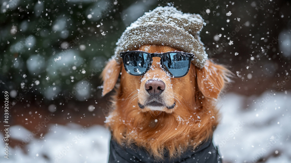 Fototapeta premium Golden retriever wearing sunglasses and a hat enjoys a snowy day in the winter woods