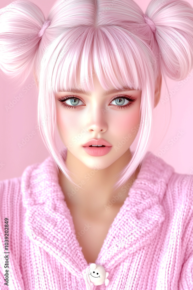 A girl with pink hair and a pink sweater. She has a cute smile on her face A girl with pink hair and a pink sweater. She has a cute smile on her face