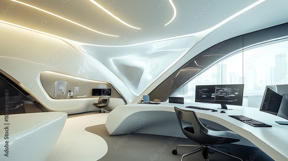 Modern office interior with sleek design and technology-focused workspace. Modern office interior with sleek design and technology-focused workspace.