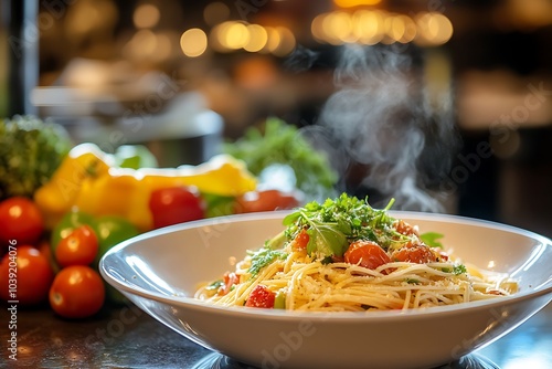 Steaming Hot Pasta Dish with Tomatoes and Herbs