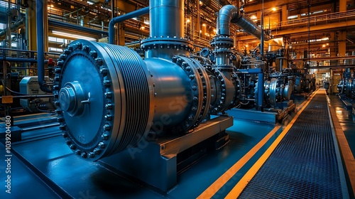 A massive industrial water pump in a factory setting, made of polished steel, with large intake and output pipes connected to a complex network of tubes.