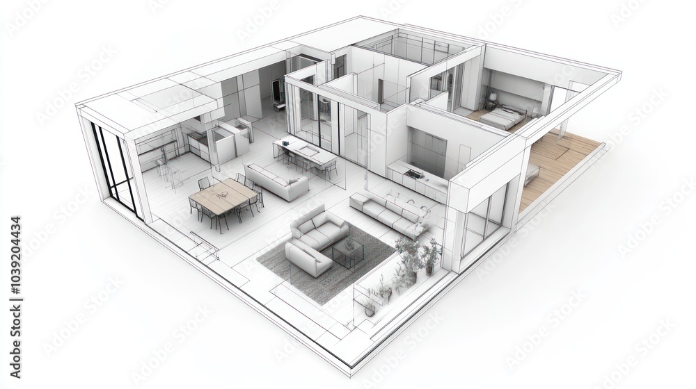 A 3D architectural rendering of a modern house layout. A 3D architectural rendering of a modern house layout.