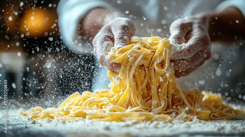 Close-up of a chef dusting fresh handmade pasta with flour, capturing the fine details of the noodles and the dynamic motion of the flour in a vibrant kitchen.