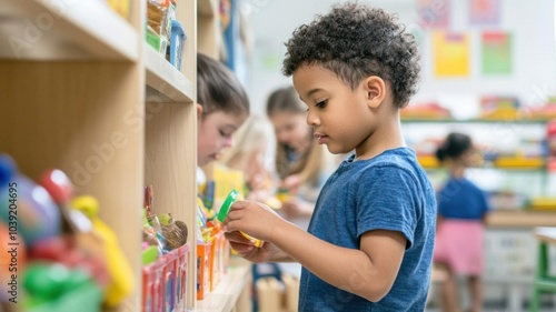 Children exploring early childhood learning centers, choosing different activities to engage with