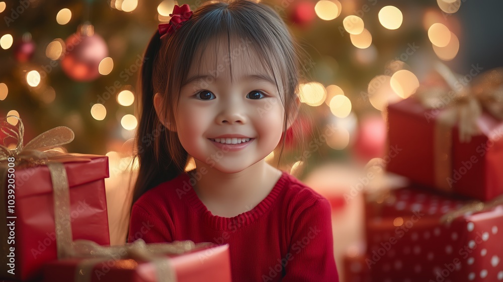 A cute little Asian girl is smiling and sitting in front of Christmas gifts, with a tree behind her A cute little Asian girl is smiling and sitting in front of Christmas gifts, with a tree behind her