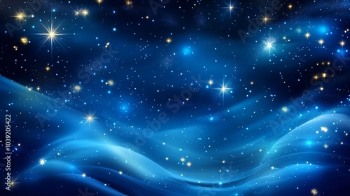 Abstract blue night sky with glowing stars and flowing lines.