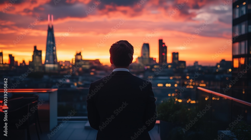 Obraz premium A man is seen from behind looking out over the night city and wearing formal attire.