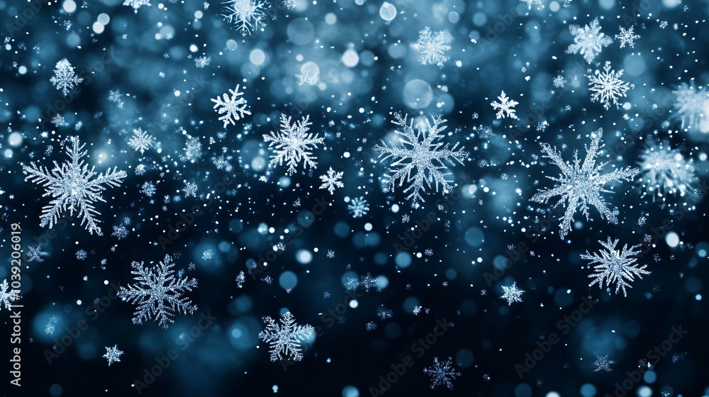 Abstract blue background with snowflakes and bokeh.