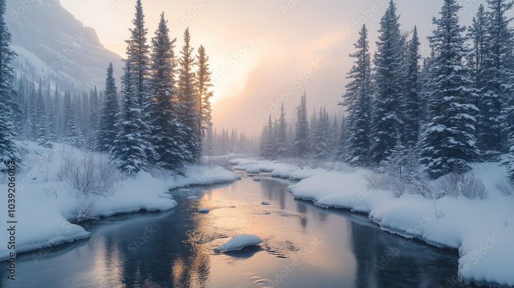 Obraz premium A snowy mountain stream in the Alberta Rockies with snow covered pine trees, sunrise