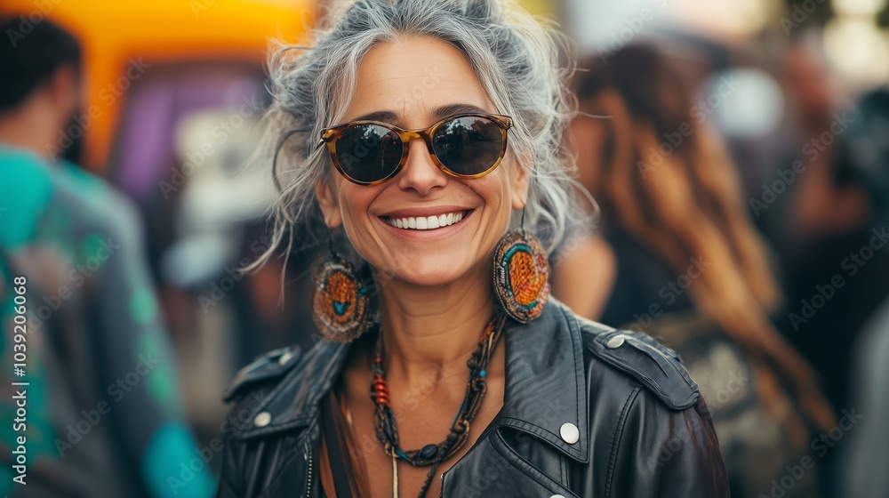 A smiling middle-aged woman at a music festival, wearing a leather jacket and sunglasses, surrounded by other people dressed in bohemian style A smiling middle-aged woman at a music festival, wearing a leather jacket and sunglasses, surrounded by other people dressed in bohemian style