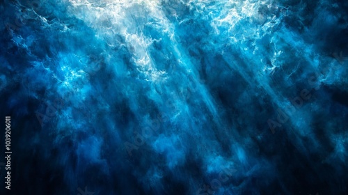 Abstract blue textured background with white light beams shining through.