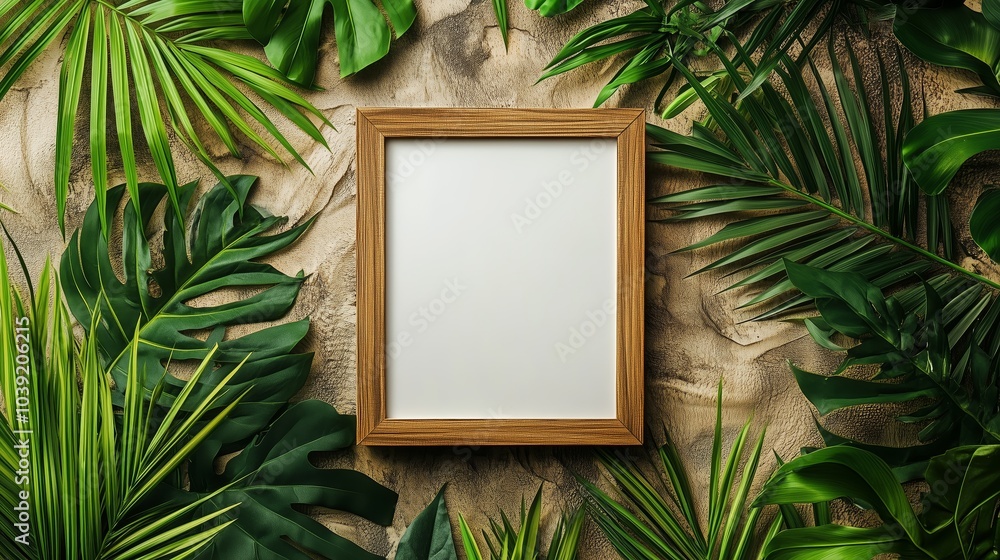 A wooden picture frame with blank white paper inside is placed on top of bamboo leaves A wooden picture frame with blank white paper inside is placed on top of bamboo leaves