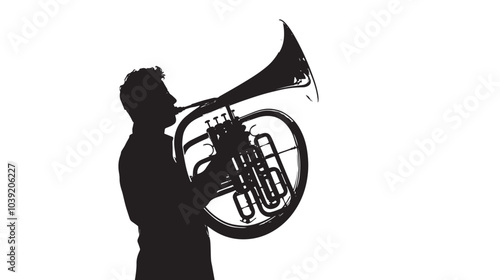 A man playing Tuba silhouette isolated on white background