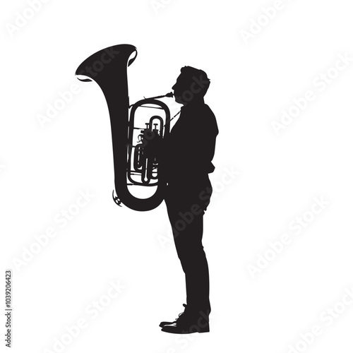 A man playing Tuba silhouette isolated on white background
