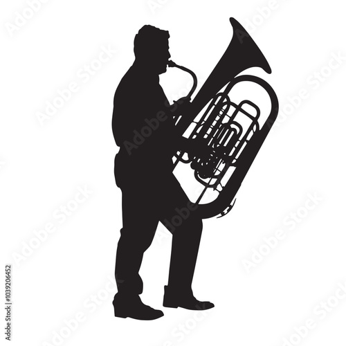 A man playing Tuba silhouette isolated on white background