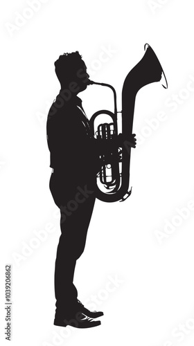 A man playing Tuba silhouette isolated on white background