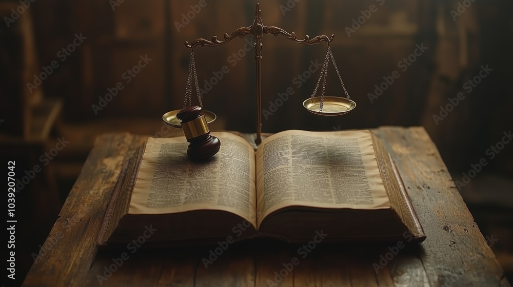 An open book with the scales of justice and gavel on it, representing law An open book with the scales of justice and gavel on it, representing law