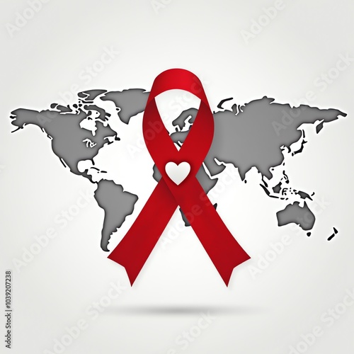 Graphic design of a world map with a red ribbon in the center. Heart bow at the top.