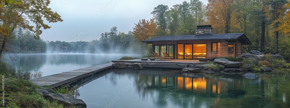 Obraz premium Luxury retreat: a home sauna design emphasizing relaxation and wellness, combining natural wood finishes and modern features to create a tranquil personal space for rejuvenation and comfort.