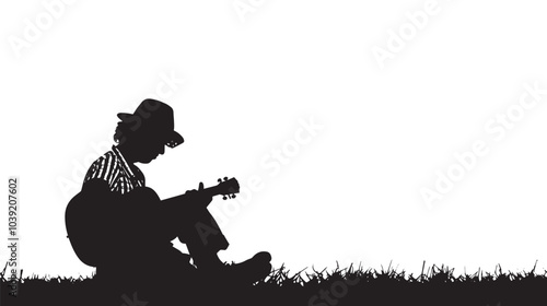 A man playing Ukulele silhouette isolated on white background