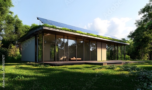 A modern, eco-friendly house with solar panels, surrounded by lush greenery and open spaces, designed for sustainable living.